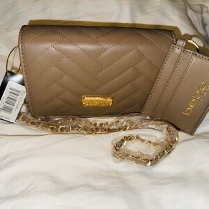 bebe Taupe Quilted Crossbody Bag with Gold Chain